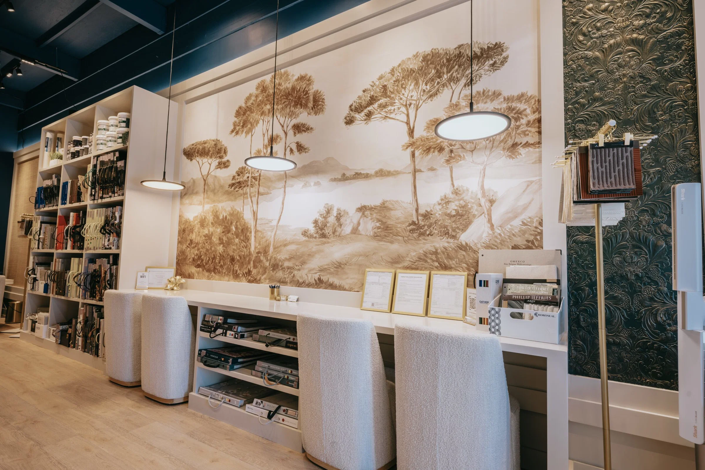 Professional wallpaper installation service applying decorative wall covering in residential home